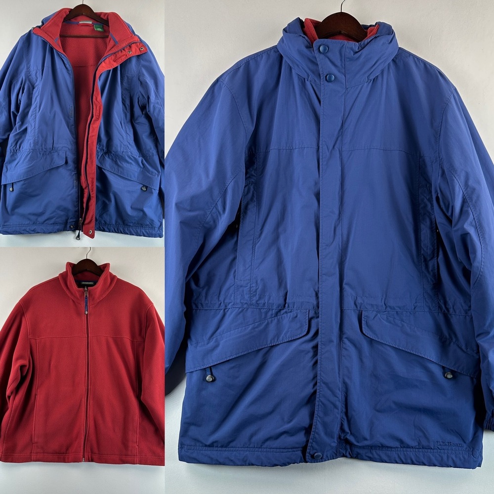 Vintage L.L.Bean Coat Mens Large Blue 3 in‎ 1 Removable Red Fleece Liner Jacket